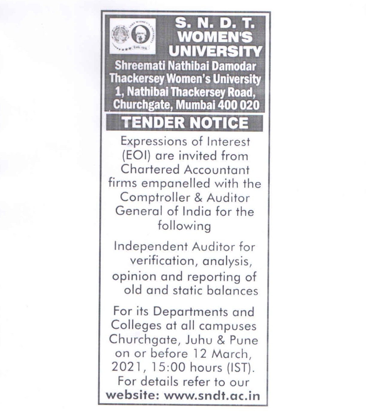 Advertisement for EOI for Independant Auditors for verification of old and static balances